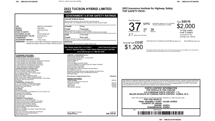 2023 Hyundai Tucson Hybrid Limited AWD- 40.755